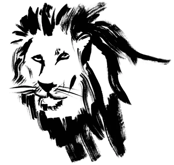 Dibujo de cabeza de león pintado con cepillo negro seco aislado sobre fondo blanco — Foto de Stock