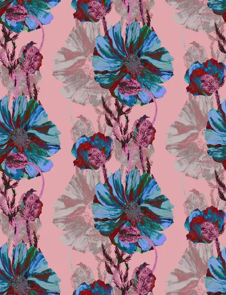 Płynny akwarela pionowy wzór z niebieskimi kwiatami maku na różowym tle — Zdjęcie stockowe