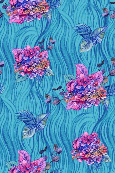 Türkis nahtloses florales Aquarellmuster mit rosa Hortensien gezeichnet — Stockfoto