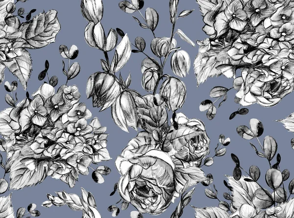 Retro Bezszwowy czarny biały wzór kwiatowy z hortensjami i róż rysowane — Zdjęcie stockowe