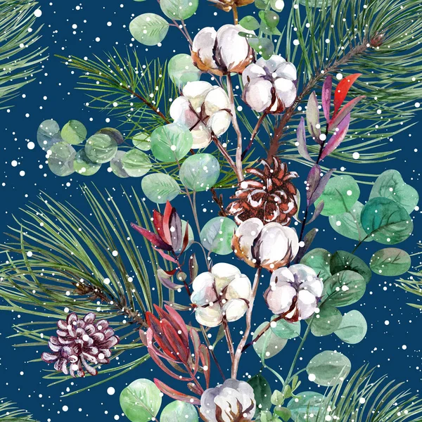 Acuarela Patrón sin costuras de Navidad con ramo de invierno en el cinematón azul oscuro — Foto de Stock
