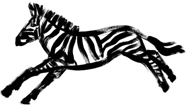 Dibujo de una cebra en ejecución dibujada en gouache negro aislado sobre un fondo blanco — Foto de Stock