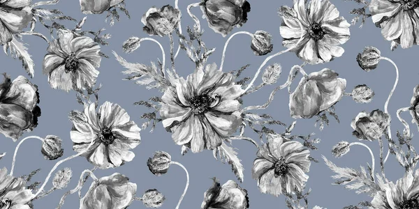 Monochrome bloemen naadloos patroon met zwart-wit klaprozen geschilderd in aquarel — Stockfoto