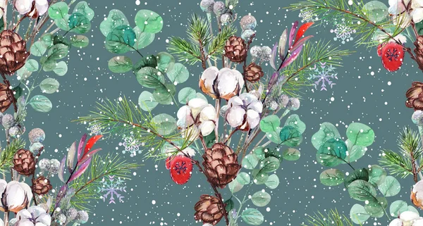 Modèle de Noël sans couture avec un bouquet d'hiver de branches de sapin et de fleurs séchées — Photo