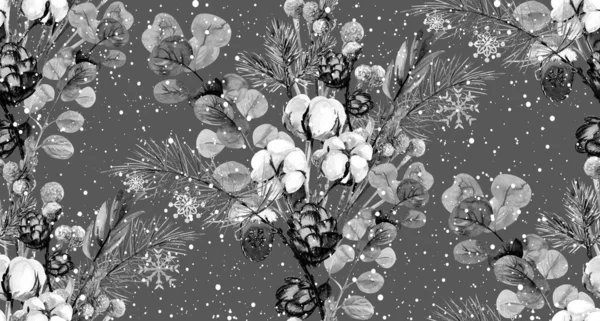 无缝隙的黑白新年花纹，冬季花束，花朵干枯 — 图库照片