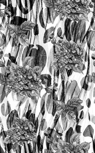 Черно-белый бесшовный ботанический узор с цветами гортензии, окрашенными в акварель — стоковое фото