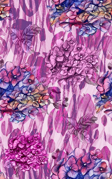 Padrão botânico sem costura moderna com flores de hortênsia multicoloridas pintadas em aquarela — Fotografia de Stock