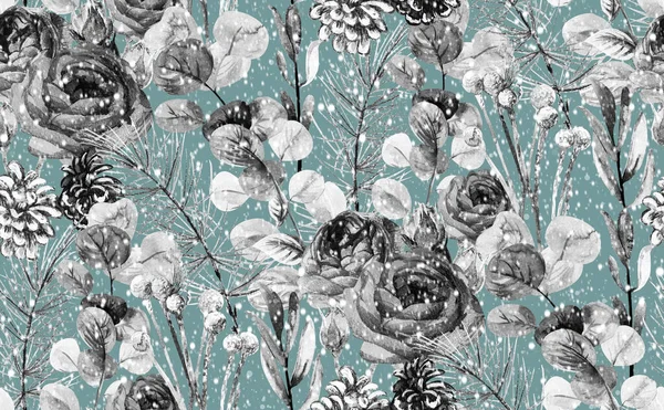 Schwarz-weißes, nahtloses Muster in Aquarell mit Tannenzweigen und wintergetrockneten Blumen und Rosen — Stockfoto