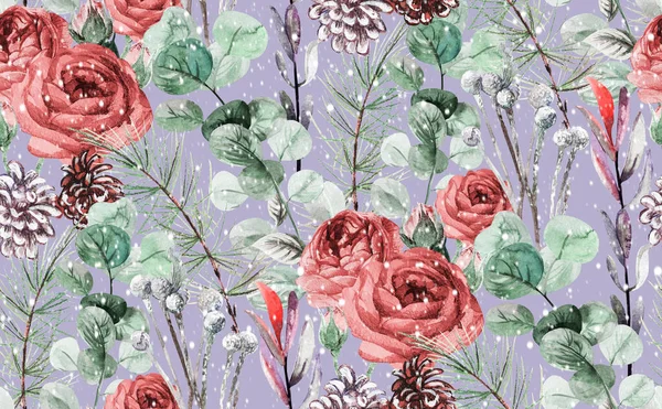 Nahtloses Aquarellmuster mit Winterstrauß aus roten Rosen und Tannenzweigen und getrockneten Blumen auf violettem Hintergrund — Stockfoto