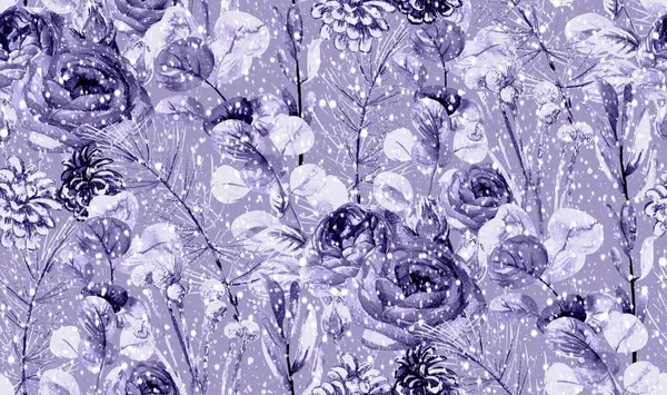Nahtloses monochromes lila Weihnachtsmuster mit einem winterlichen Strauß aus Tannenzweigen und getrockneten Blumen — Stockfoto