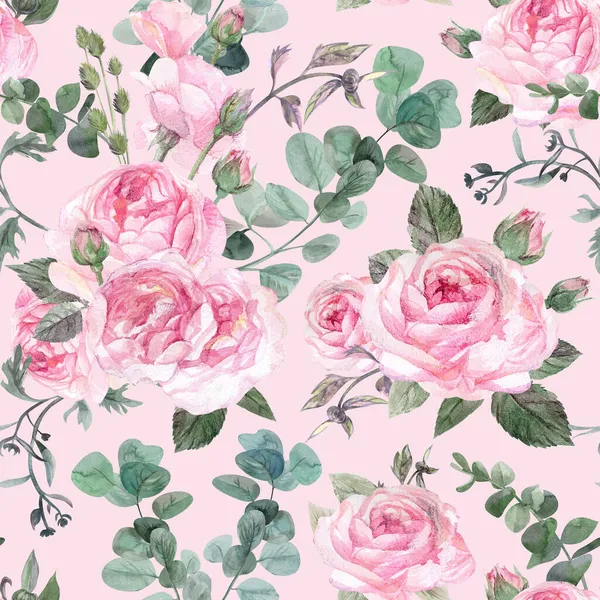 watercolor seamless pattern with pink roses on vintage stile for textiles