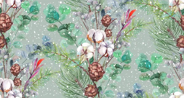 Motif sans couture avec bouquet de Noël de fleurs séchées avec eucalyptus et coton peint — Photo