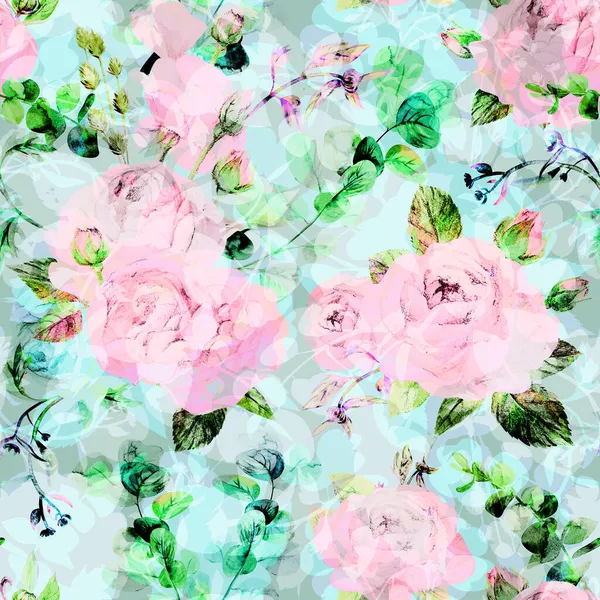 Akvarel stylizovaný květinový vzor s pestrobarevnými realistickými siluetami zahradních růží — Stock fotografie