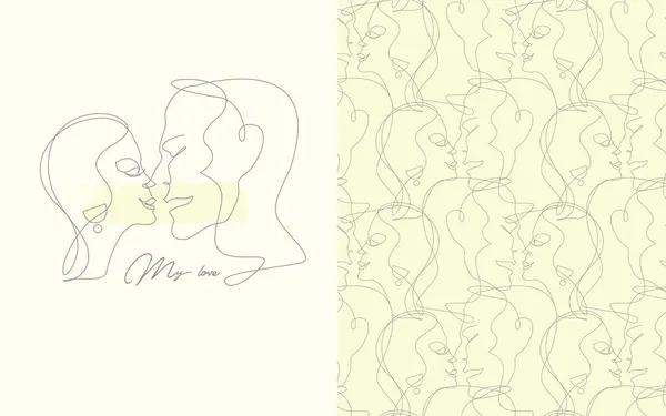 Uppsättning abstrakt porträtt ritad av en linje med ett vackert par kysser man och kvinna — Stock vektor