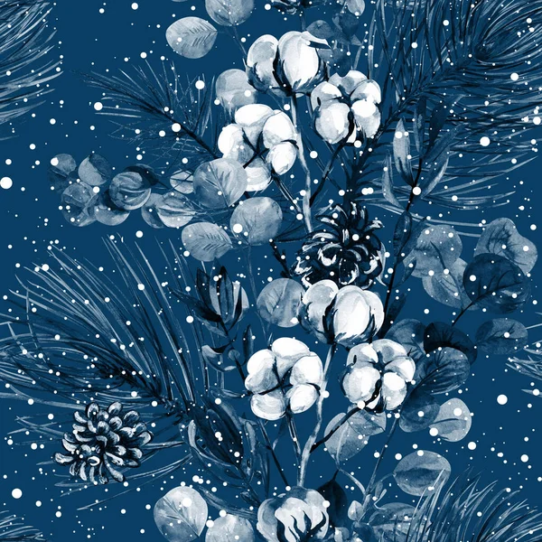 소나무와 면화와 말린 꽃이 곁들여 있는 짙은 청색 물푸레나무 겨울 무늬 — 스톡 사진