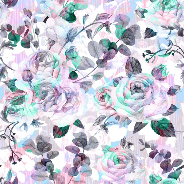 Современный абстрактный цветочный бесшовный узор с черно-белыми реалистичными розами и красочными элементами — стоковое фото