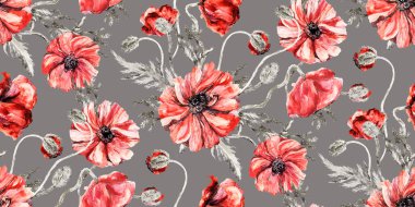 Gri arka planda zarif kırmızı gelinciklerle yatay desen