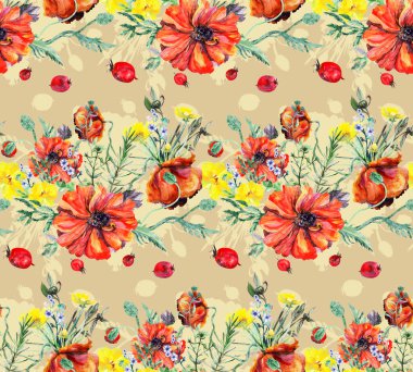 Kusursuz suluboya desenli, bir buket kırmızı haşhaş ve bej arka planda otlar.