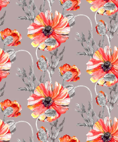 Seamless floral watercolor pattern with large realistic red poppies on gray background — Stock Photo, Image