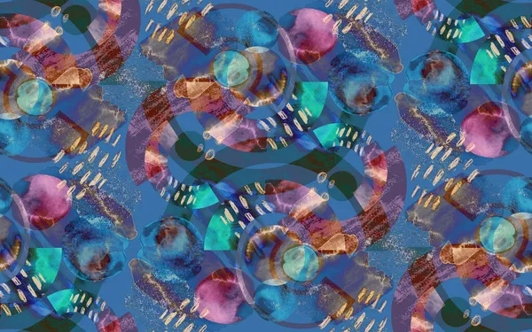 Неправильная Геометрия Темно Синий Узор Разноцветными Кругами Полукругами Акварельными Пятнами — стоковое фото