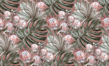 Kahverengi arka planda kurumuş protea çiçekleri ve canavar yapraklarıyla kusursuz desen. 