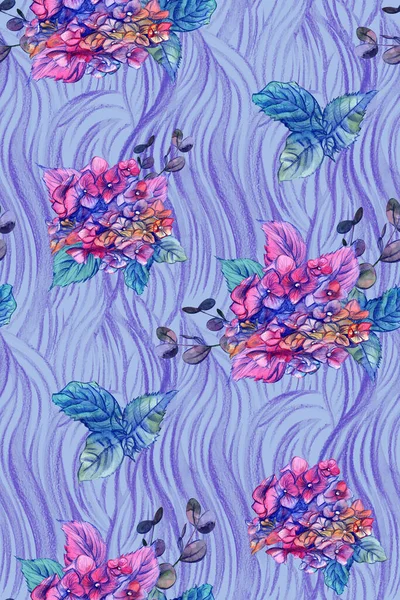Patrón de acuarela floral inconsútil azul con hortensias rosadas dibujadas a lápiz con ondulación vertical — Foto de Stock