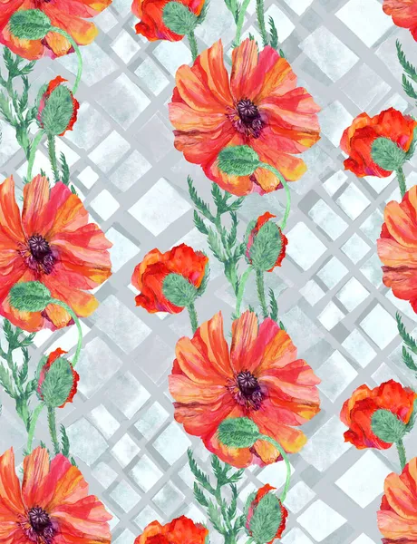 Vertical watercolor pattern with red poppies on irregular rhombus background — Stock Photo, Image