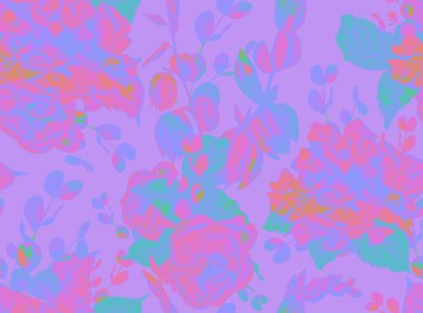 Pembe ve turkuaz dijital kaplamalı mor modern botanik deseni