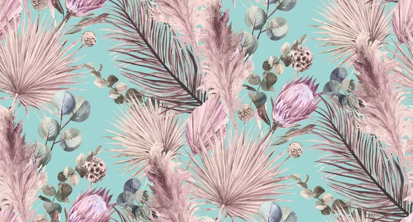 Υδατογραφία αδιάλειπτη μοτίβο με τροπικά αποξηραμένα λουλούδια και πάμπας γρασίδι — Φωτογραφία Αρχείου