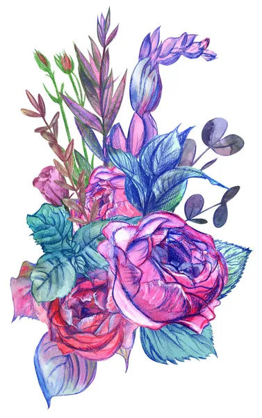 Buquê de flores e botões de rosas rosa desenhadas com aquarela — Fotografia de Stock