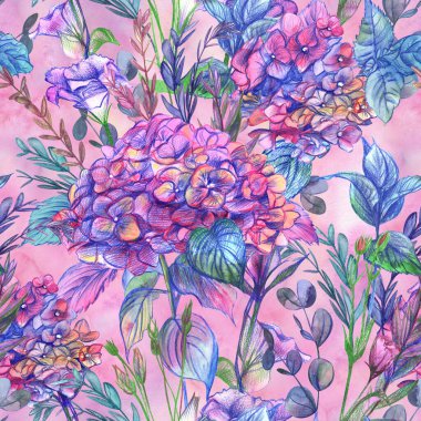 Pembe ortanca ve bitkilerle kusursuz suluboya desenleri.