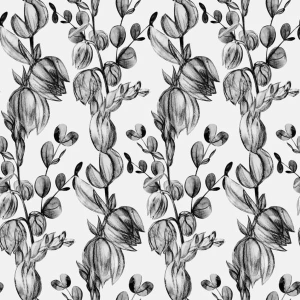 Βοτανικό κάθετο μαύρο και άσπρο μοτίβο με λουλούδια καμπάνας ζωγραφισμένα με μολύβι — Φωτογραφία Αρχείου