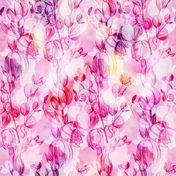 Nahtlose botanische zarte Muster in warmen Farbtönen mit mit Aquarellen gezeichneten Blütenglocken — Stockfoto
