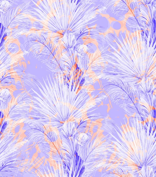 Mezcla de patrón tropical sin costuras con hojas de palma y monstera y siluetas púrpuras —  Fotos de Stock