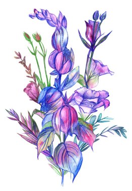 Çiçek çanları ve suluboya boyayla boyanmış bir buket izole edilmiş.