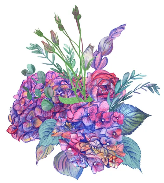ヴィンテージスタイルで水彩で描かれたピンクのアジサイの花束。 — ストック写真