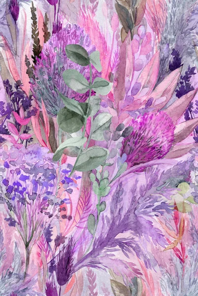 Padrão de aquarela sem costura com ervas rosa flores secas de eucalipto e grama pampas — Fotografia de Stock