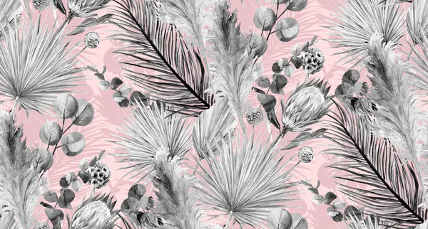 Монохромний безшовний візерунок з тропічними рослинами та квітами для текстилю — стокове фото