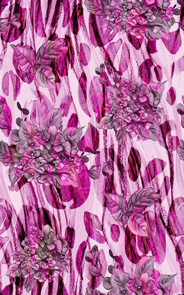 Pink Seamless botanical pattern with pink hydrangea flowers painted in watercolo