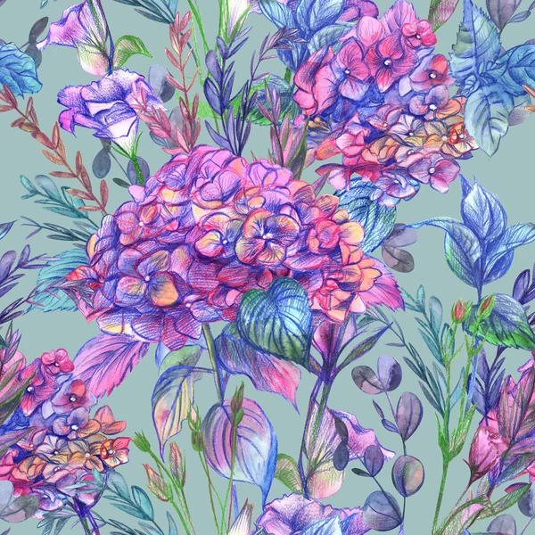 Patrón botánico sin costuras con flores de hortensias y hierbas dibujadas con acuarelas —  Fotos de Stock