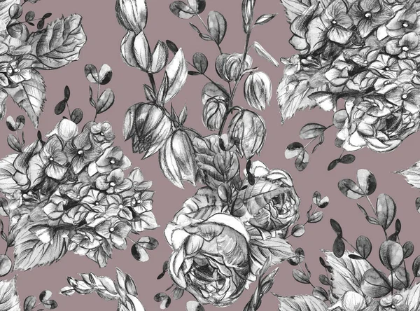 Απρόσκοπτη ασπρόμαυρη floral σχέδιο με ορτανσίες και τριαντάφυλλα — Φωτογραφία Αρχείου