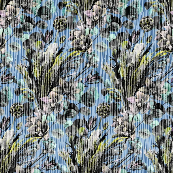 Motif sans couture textile décoloré gris dans un style vintage avec des fleurs séchées et des orchidées sur fond bleu — Photo