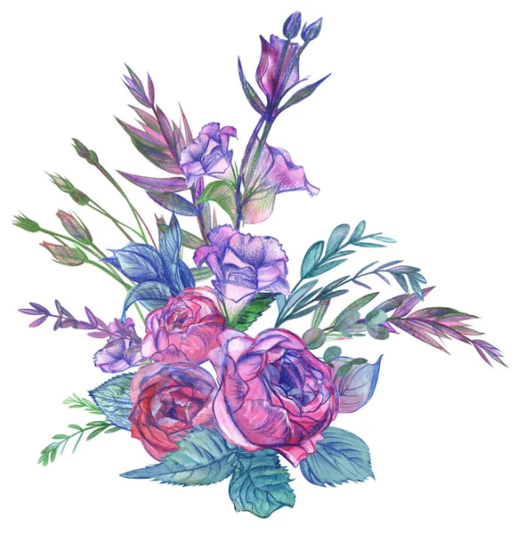 Pembe güllerle süslü buket ve suluboya ile boyanmış Eustoma çiçekleri.