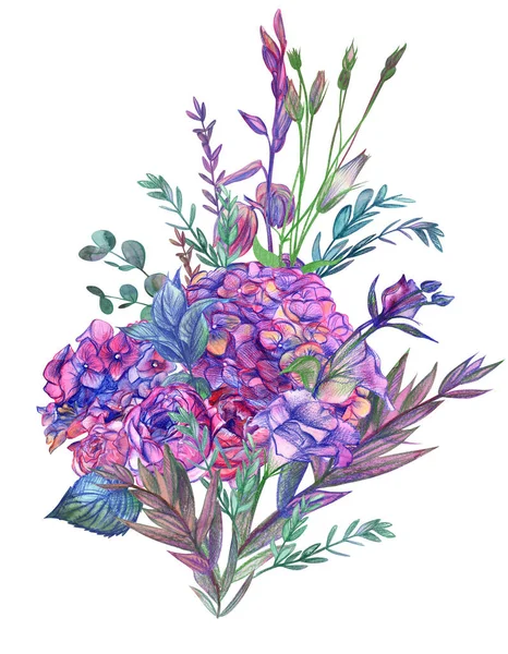 Hortensia 's en rozen verzameld in een boeket met verschillende takken — Stockfoto