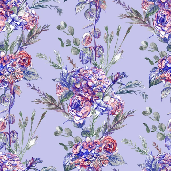 Vintage nahtlose Muster mit Sträußen aus Hortensien und Eustoma-Blumen — Stockfoto