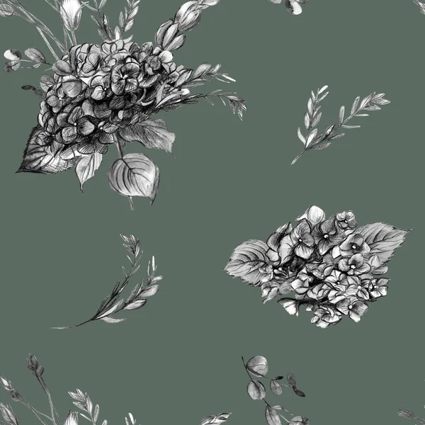 Botaniczny wzór z czarno-białymi kwiatami hortensji narysowanymi akwarelą — Zdjęcie stockowe