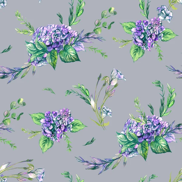 Delicado patrón de verano con acuarela flores de hortensia púrpura sobre un fondo gris —  Fotos de Stock