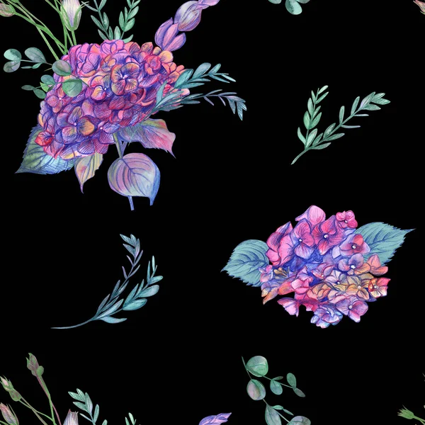 Patrón con ramos de hortensias rosadas y flores de eustoma dibujadas sobre un fondo negro —  Fotos de Stock