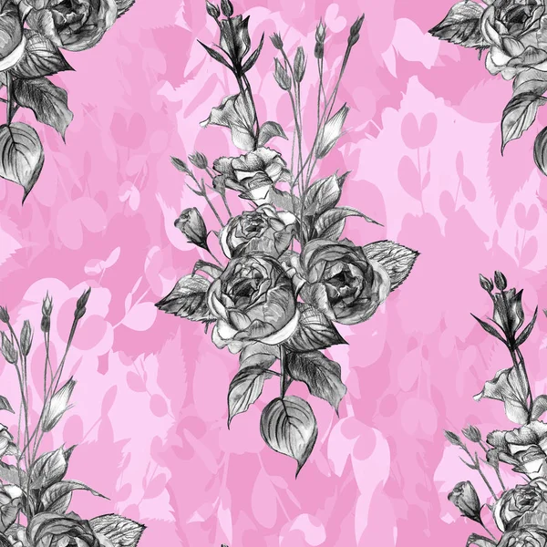 Nahtloses Muster mit einem Strauß Rosen mit einem einfachen Bleistift auf rosa Hintergrund — Stockfoto