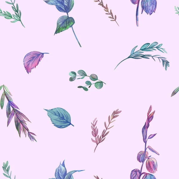 Seamless pattern with flowers and leaves against pink background — Stock Photo, Image